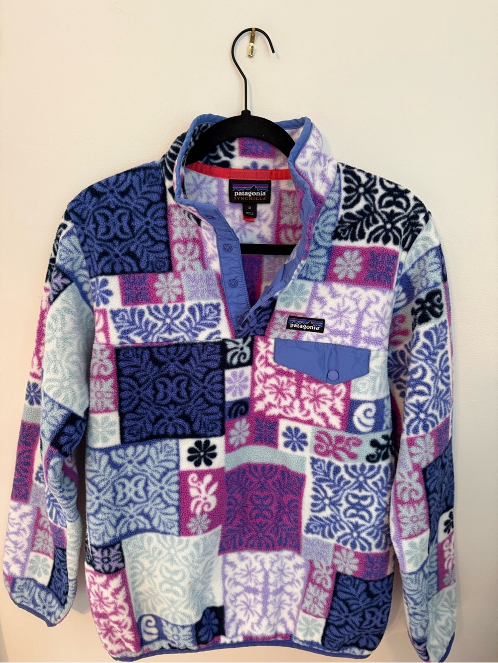 Patagonia Women's Multi-Pattern Patchwork Teddy Fleece in Blue, Pink, Purple